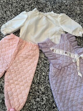 Vintage Baby Quilted Pink Footed Pants, Lavender One Piece and White Shirt